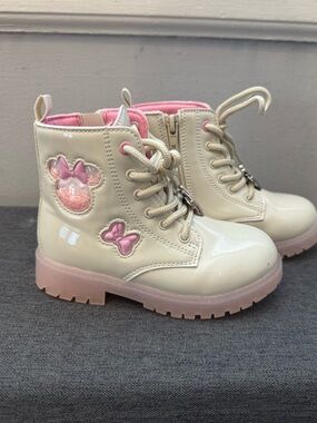 Disney Cream and Pink Minnie Accent Lace-Up Girls Boots - (10 Toddler)